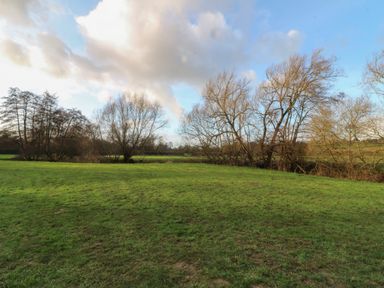 A grassy field with leafless trees under a cloudy blue sky at Otter's View in South Luffenham near Edith Weston