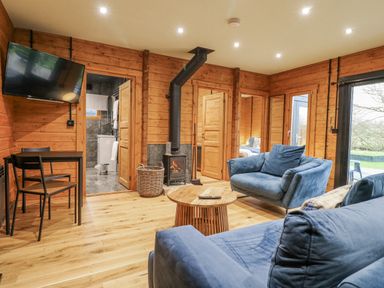 A living room with sofa and wood stove at Otter's View in South Luffenham near Edith Weston