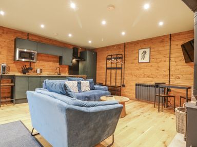 A living room with a sofa and kitchen area at Otter's View in South Luffenham near Edith Weston