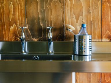 A kitchen sink with two metal taps and a metal holder containing a brush and a bottle on a wooden wall background at Oak Stockland near Dalwood