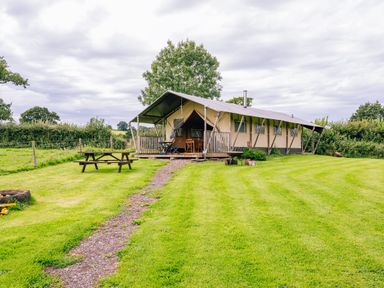 A tent structure with a patio furniture set and a picnic table on a grassy area at Oak in Stockland near Dalwood
