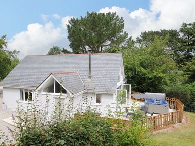 A white house with a gray roof and a fenced deck with a hot tub and outdoor chairs surrounded by trees and bushes at Otters Leap in Bideford