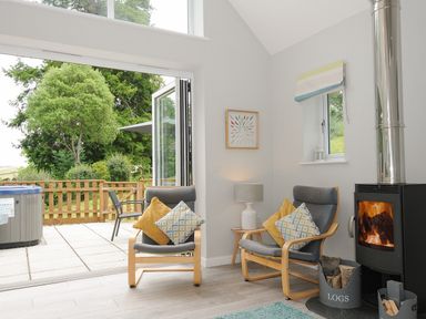 A sitting area with two chairs and cushions next to a wood stove and open doors leading to an outdoor patio at Otters Leap in Bideford