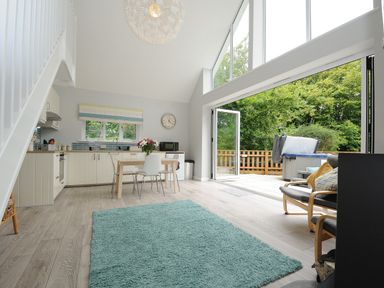 A kitchen and dining area with a table and chairs a teal rug and sliding glass doors opening to a patio with greenery outside at Otters Leap in Bideford
