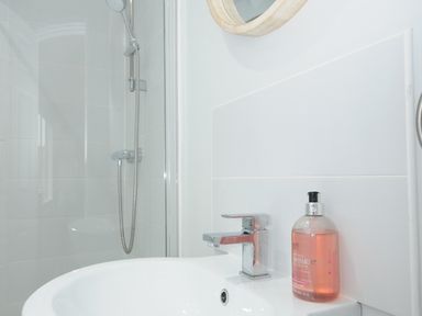 A bathroom sink with faucet and hand wash next to a shower with handheld showerhead at Otters Leap in Bideford