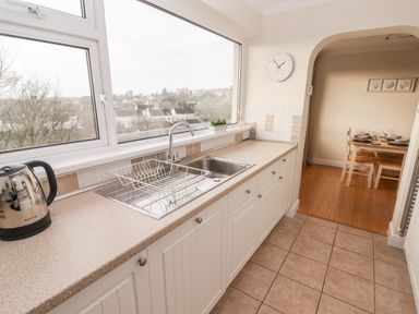 A kitchen with a double sink a dish rack an electric kettle and a view out of the window into a residential area at 54 Croft Court in Tenby