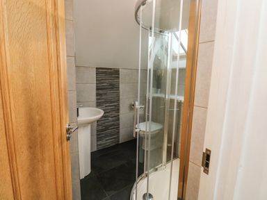 A bathroom with a shower enclosure a pedestal sink and a toilet at Little Rondeval in Totnes