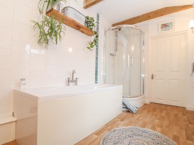 A bathroom with a bathtub shower enclosure wooden floor plants on a wooden shelf and a door at Riviere Barton in Hayle