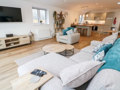 An open plan living room and kitchen with sofas pillows and a TV at Puffins Rest in Goldsithney