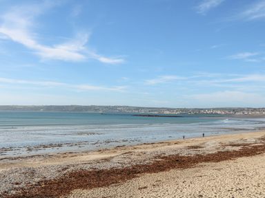 A beach with seaweed on the sand and a town in the distance at Puffins Rest in Goldsithney