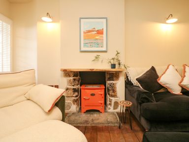 A living room with two sofas and a small stove in a fireplace at Josie in Pentewan