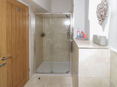 A bathroom with a glass shower enclosure wooden door and tiled walls and floor at Eider Cottage in Warkworth