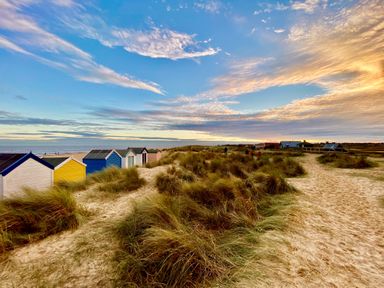 A sandy path with beach huts and grass under a cloudy sky at 11 The Craighurst in Southwold