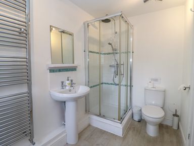 A bathroom with a shower cubicle toilet sink mirror and heated towel rail at The Little White Cottage in Milton-Under-Wychwood