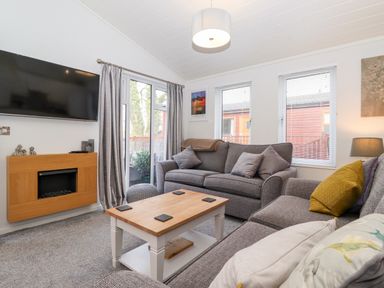 A living room with two gray sofas a wooden coffee table a wall-mounted tv and an electric fireplace at Bowness Bay Lodge Oakside 16 Fallbarrow Park near Bowness-On-Windermere