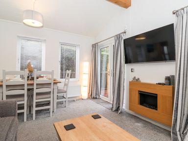A dining area with a wooden table and chairs next to windows and a living area with a wall-mounted television and a fireplace at Bowness Bay Lodge Oakside 16 Fallbarrow Park near Bowness-On-Windermere