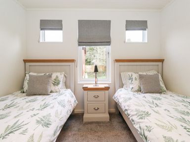 A bedroom with two single beds with leaf patterned bedding and a small nightstand with a lamp between them at Bowness Bay Lodge Oakside 16 Fallbarrow Park near Bowness-On-Windermere