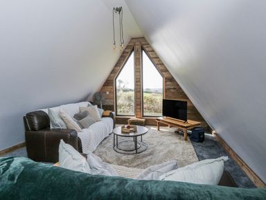 A living room with a coffee table and television at Valley View Hideaway in Ffostrasol