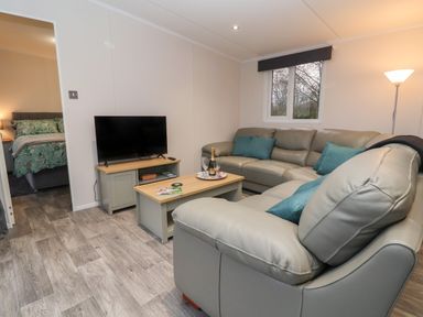 A living room with grey leather sofas a wooden coffee table a television on a stand and a floor lamp at Holmside in Audley Brow near Market Drayton