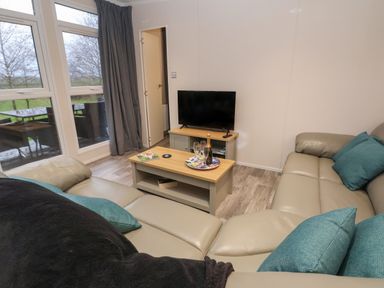 A living room with a leather sofa a coffee table and a TV at Holmside in Audley Brow near Market Drayton