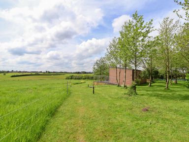 A grassy field with trees and a small wooden structure with a railing at Holmside Audley Brow near Market Drayton