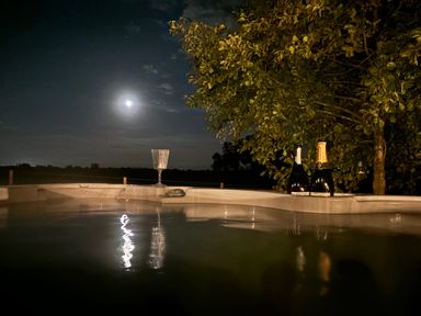 A hot tub outdoors at night with two bottles and a glass near a tree under a full moon at Holmside in Audley Brow near Market Drayton