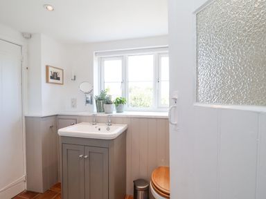 A bathroom with a sink cabinet next to a window with potted plants and a toilet with a wooden seat at Beta Cottage in Walberswick