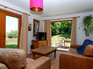 A living room with leather sofas a wooden coffee table a television and large windows showing a garden at South Holm in Moreleigh