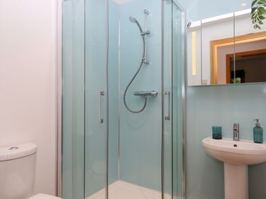 A bathroom with a glass shower enclosure a white toilet a white pedestal sink with a faucet and two blue containers at South Holm in Moreleigh