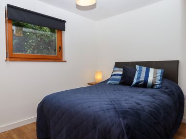 A bedroom with a double bed blue bedding three striped pillows a small bedside table with a lamp and a window with a black roller blind at South Holm in Moreleigh