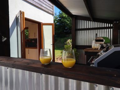 An outdoor covered area with two glasses of orange juice on a wooden counter next to a grill and pizza oven with an open door to a kitchen in the background at South Holm in Moreleigh