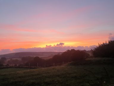 A landscape with grassy fields trees rolling hills and a colorful sunset sky at South Holm in Moreleigh