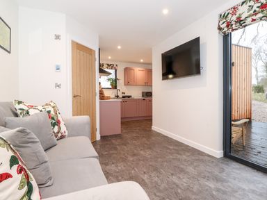 A living room with a grey sofa and floral cushions next to a kitchen with pink cabinets and a wall-mounted TV visible at Herdwick Cabin in Hutton John near Penruddock