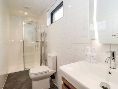A bathroom with a toilet a sink and a walk in glass shower at The Gardener's Retreat in Hutton John near Penruddock