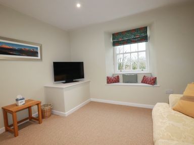 A small sitting room with a window seat holding cushions a wall-mounted television a wooden side table with a tissue box and a sofa at Tretoil Farm House in Bodmin