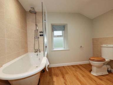 A bathroom with a bathtub shower and toilet with wooden seat at Tretoil Farm House in Bodmin