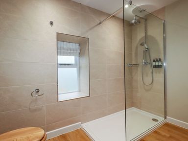 A bathroom with a walk in shower and a window with a blind at Tretoil Farm House in Bodmin