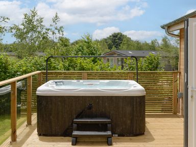 A hot tub on a wooden deck with glass and wood railings surrounded by trees at 5 Southern Place in Dobwalls