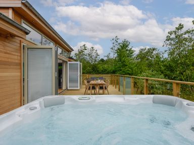 An outdoor hot tub on a wooden deck with a dining table and chairs near a building with glass doors and surrounded by trees at 5 Southern Place in Dobwalls