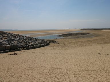 A sandy beach with a rocky embankment and tidal pools by the sea at Swn Y Mor in Burry Port