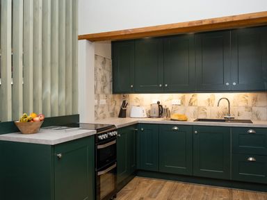 A kitchen with dark green cabinets a stove countertop appliances and fruit bowl at Watermouth Castle Bassett Apartment in Berrynarbor near Ilfracombe