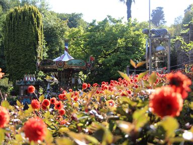 A garden with red flowers and a small carousel surrounded by trees at Watermouth Castle Bassett Apartment Berrynarbor near Ilfracombe