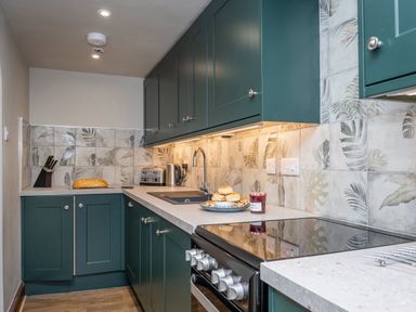 A kitchen with green cabinets a stove a sink a countertop with biscuits jam and kitchen appliances at Watermouth Castle Rhododendron Apartment Berrynarbor near Ilfracombe