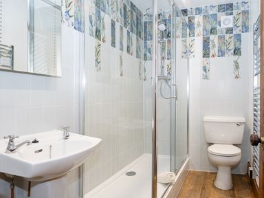 A bathroom with a sink a shower enclosure and a toilet at Watermouth Castle Rhododendron Apartment Berrynarbor near Ilfracombe