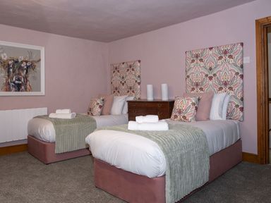 A bedroom with two single beds with patterned headboards and a chest of drawers at Watermouth Castle Rhododendron Apartment Berrynarbor near Ilfracombe