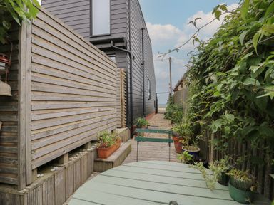 A garden with a wooden fence and plants at The Artist's Cabin By The Sea in Herne Bay