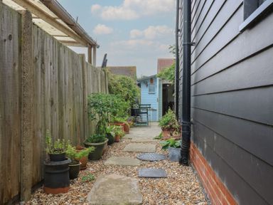 A pathway with plant pots leading to a blue shed at The Artist's Cabin By The Sea, Herne Bay