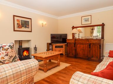 A living room with plaid sofas a wooden coffee table a wood stove and a large wooden sideboard with a mirror at Culver Court Cottage Venny Tedburn near Crediton
