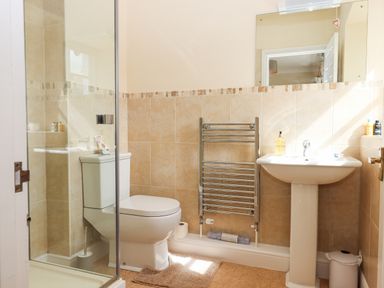 A bathroom with a toilet, pedestal sink, glass shower enclosure, heated towel rail, and mirror at Culver Court Cottage in Venny Tedburn near Crediton
