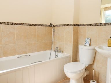 A bathroom with a bathtub shower combination a toilet and a pedestal sink at Culver Court Cottage in Venny Tedburn near Crediton
